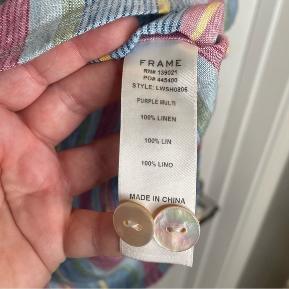 Frame Stripe High/Low Linen Shirt In Purple Multi S - Picture 12 of 16